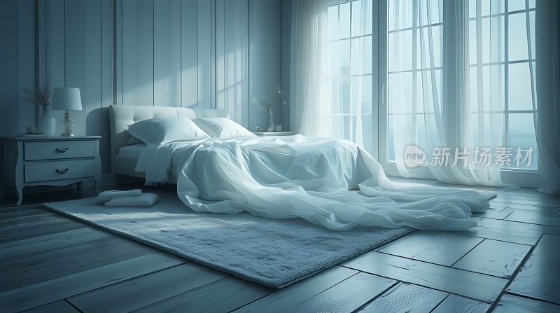 阳光洒满卧室白色床铺与窗帘交相辉映