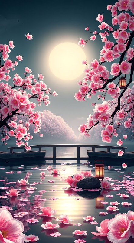 春夜月下樱花雨