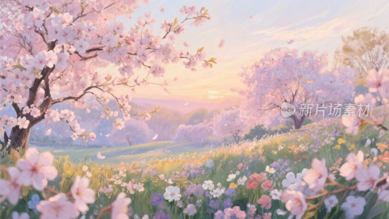 春日樱花风景插画