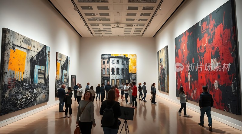 艺术馆内参观者众多色彩斑斓画作引人注目