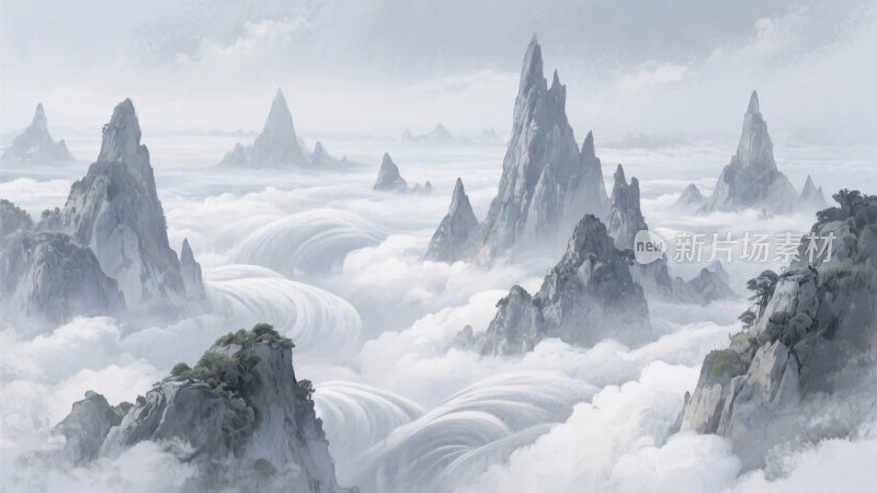 云海中的奇幻山峰景观