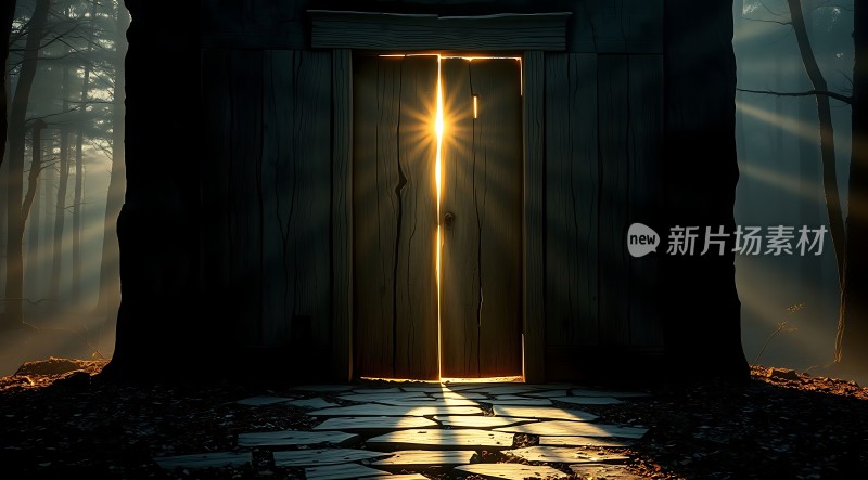 阳光透过古老木门神秘森林中的希望之光