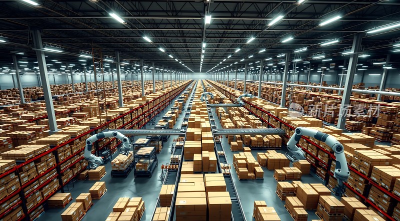 智能仓储中心机器人与货架上整齐排列的箱子