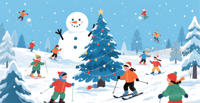 冬日雪景滑雪儿童欢乐插画