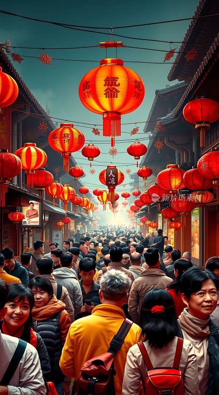 春节庙会人潮涌动灯笼高挂映红街巷