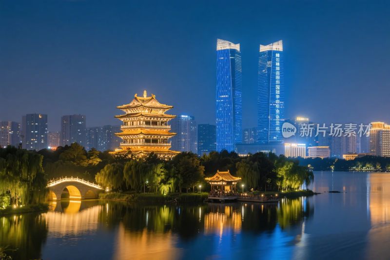 城市古建水景夜景