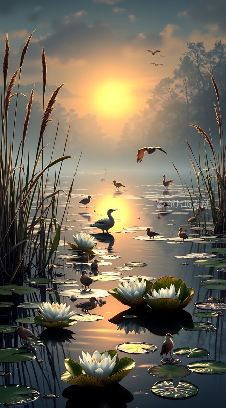 湖畔晨曦荷花映日鸟语花香