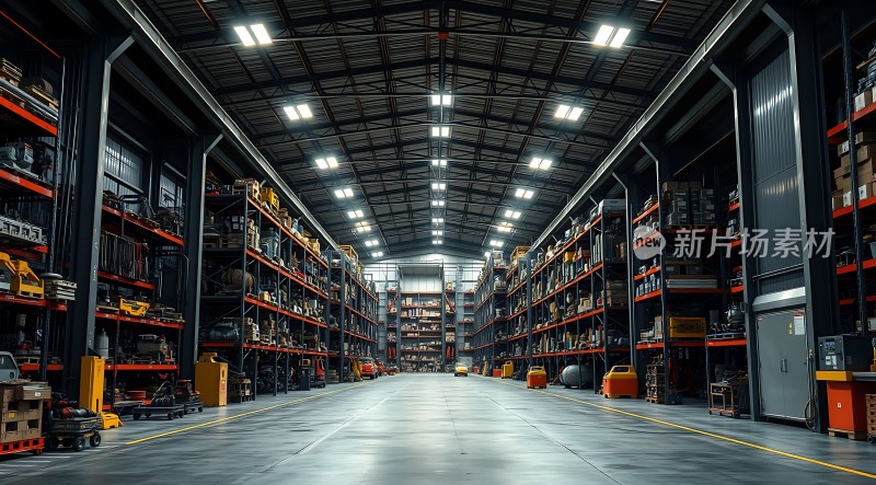 仓库深处机械零件整齐排列灯光照亮长廊尽头