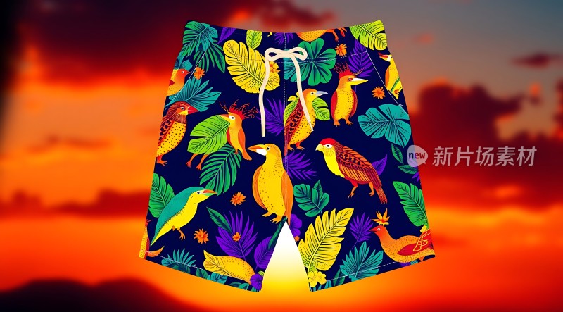热带风情短裤色彩斑斓的鸟类与绿叶图案