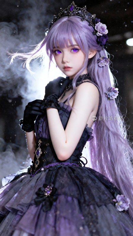紫色长发公主华丽礼服与皇冠
