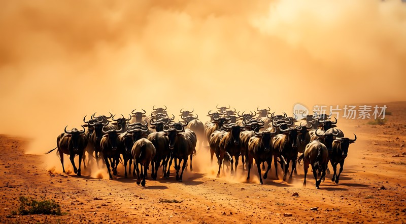 狂野非洲角马群穿越尘土飞扬的大地