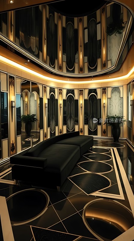 奢华大堂黑色沙发与镜面墙相映成趣