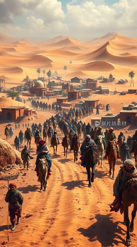 沙漠驼队行进中的绿洲小镇