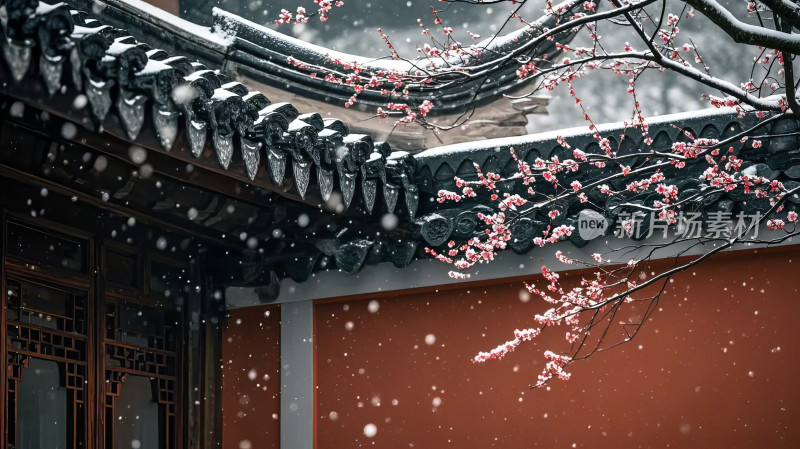 下雪的冬天雪花飞舞屋檐特写虚化背景素材