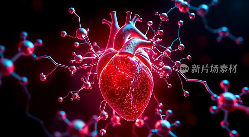 红色心脏与分子结构结合的艺术作品