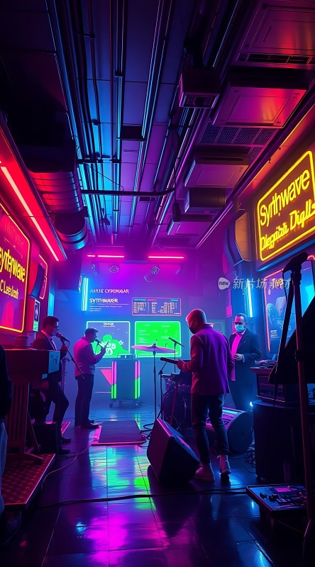 霓虹灯下的乐队演出
