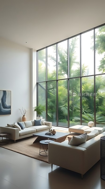 现代简约客厅大落地窗绿意盎然舒适沙发宁静生活空间