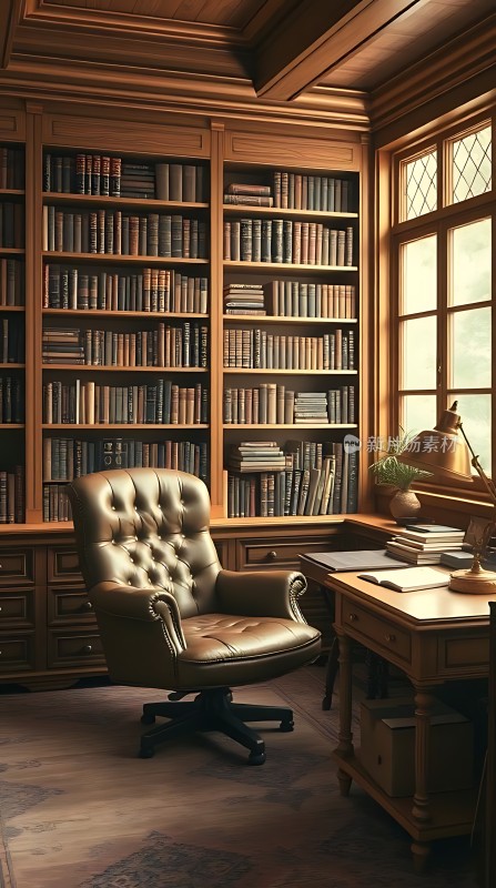 书房一角书架、椅子和桌子