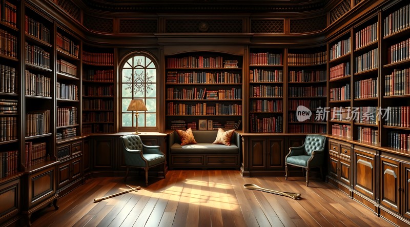 古色古香书房书架、沙发椅与阳光共舞