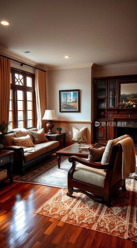 温馨客厅木制家具与地毯营造舒适氛围