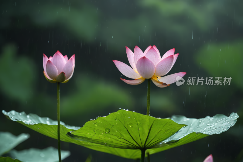 有两朵粉红色的花朵在雨中生长高清风景图片