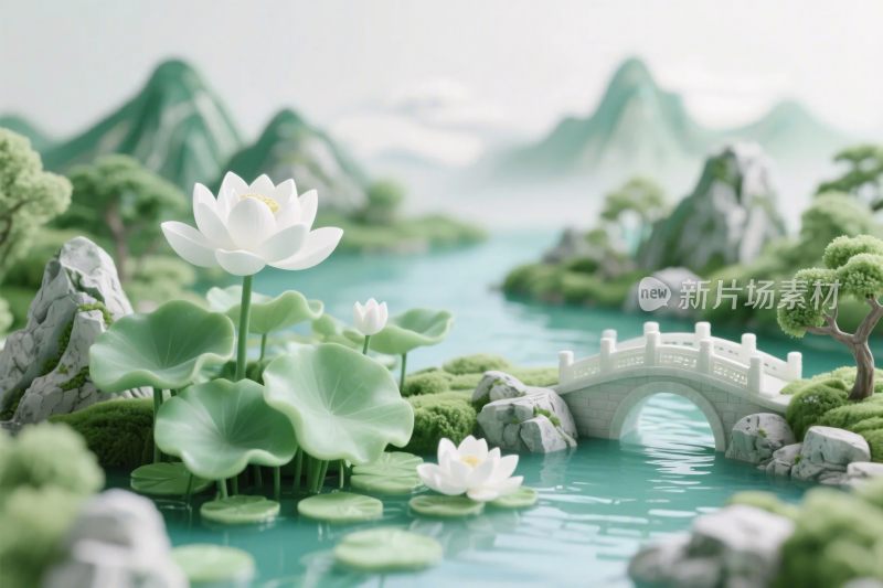 中式山水荷塘插画景观