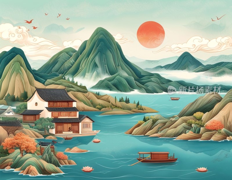 山湖古韵插画