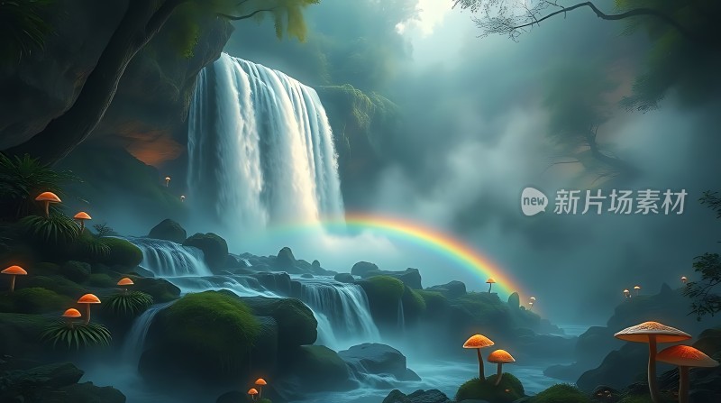 神秘瀑布彩虹森林