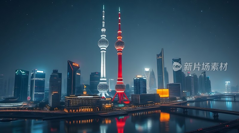 上海夜景东方明珠与上海中心大厦交相辉映