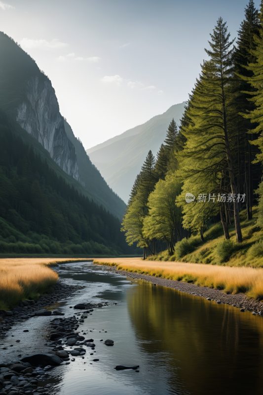 一条河流流经山谷树木高大高清风景图片