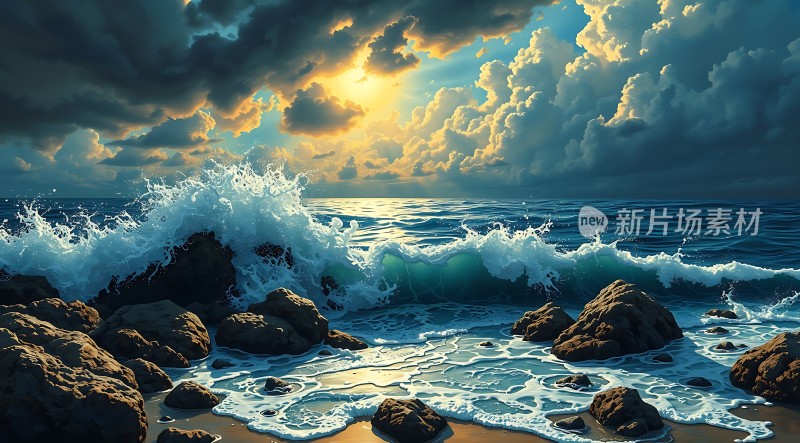 日落时分的海浪与岩石