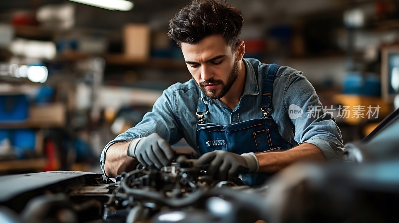 机械师专注检修汽车引擎