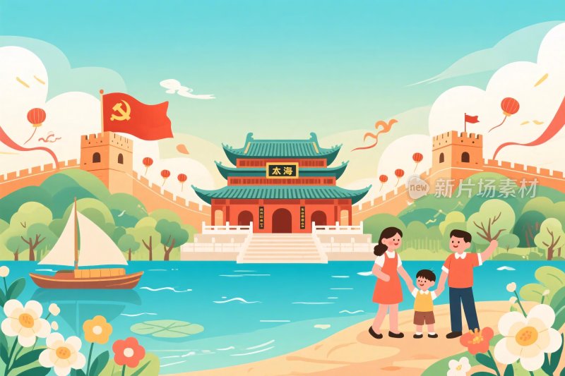 国庆卡通风景插画