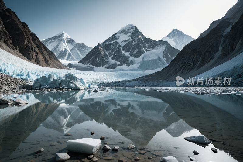 山倒映在有岩石和冰的湖中高清背景图片