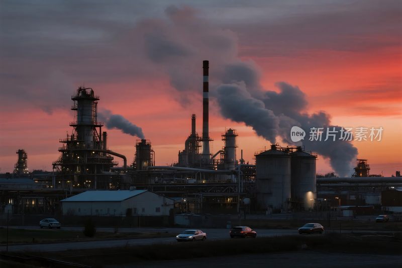 黄昏下的工业工厂景象