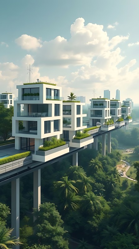 空中绿树环绕的现代建筑群