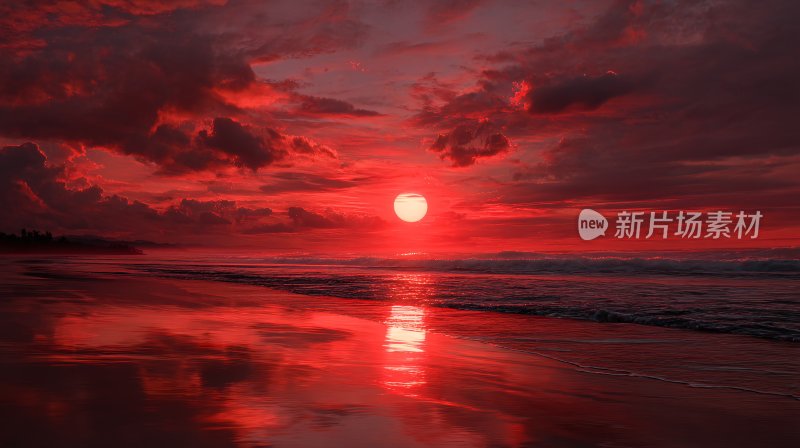 海边壮丽的红色日落景象