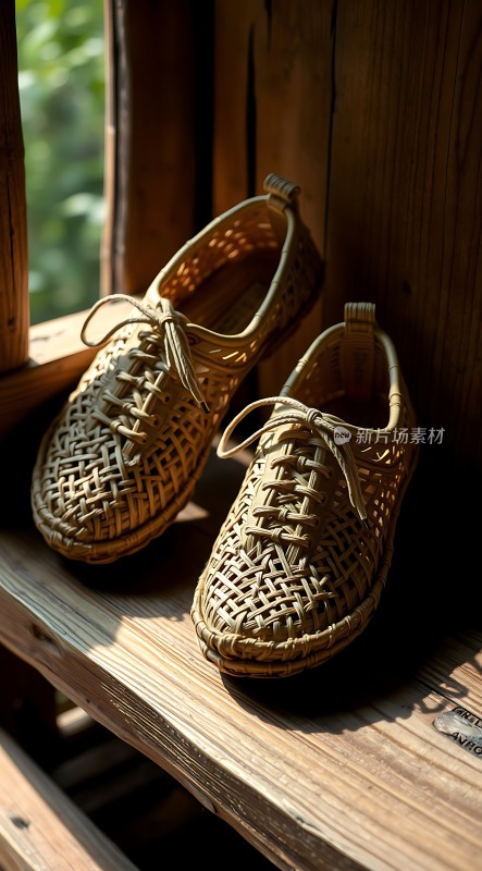 竹编凉鞋静卧窗边阳光洒落显古朴之美