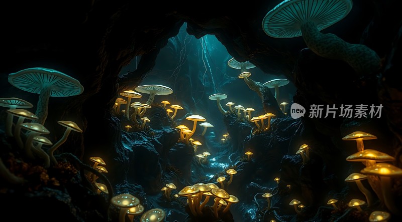 神秘洞穴中的发光蘑菇
