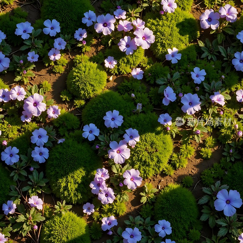 阳光下的紫色小花与绿色灌木丛