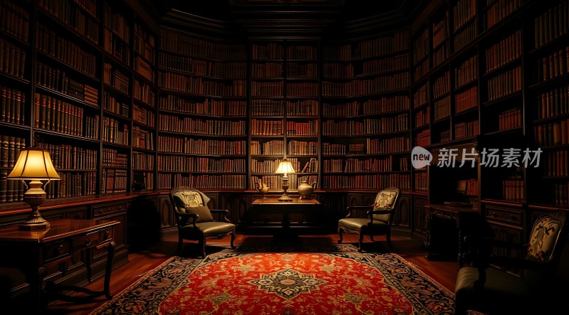 古典书房书架、地毯与桌椅营造温馨氛围