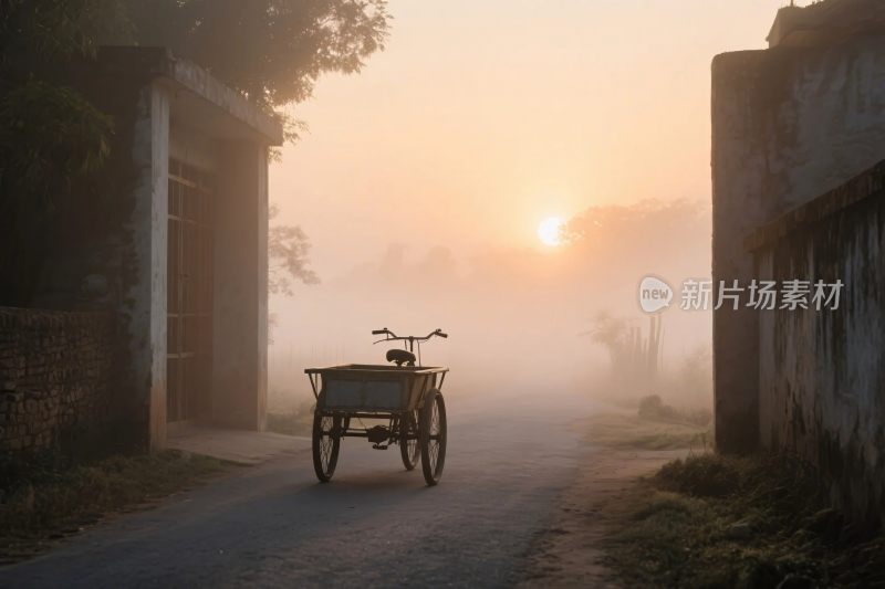 晨曦中乡间小道上的独轮车