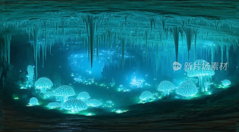 神秘洞穴中的梦幻荧光蘑菇