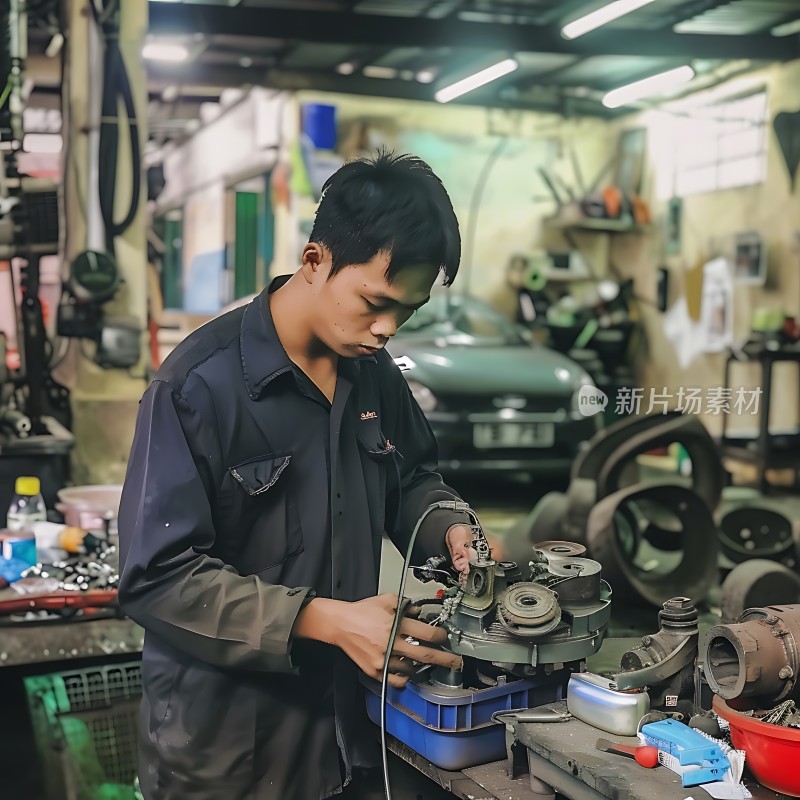 修车师傅专注检修汽车零件