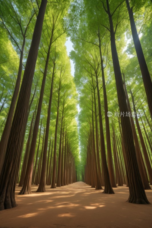 森林中的树木之间一条小路天空高清风景图片