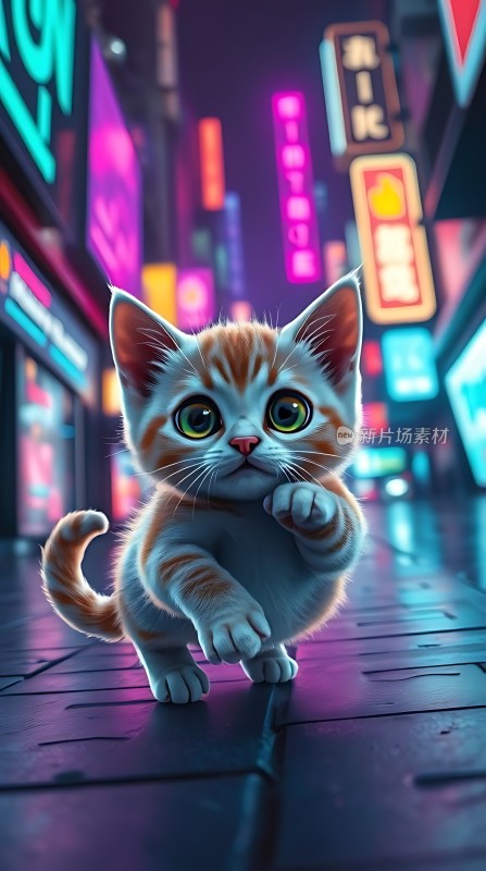 霓虹灯光下的可爱小猫