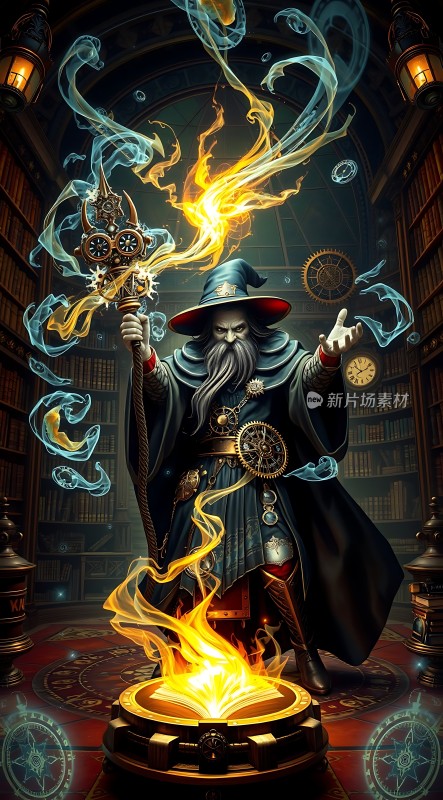 巫师施法火焰与魔法书