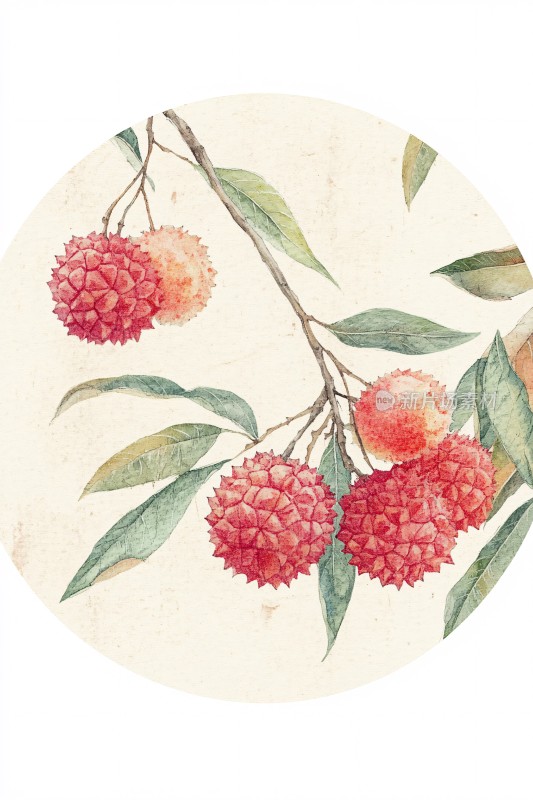 手绘荔枝枝叶插画