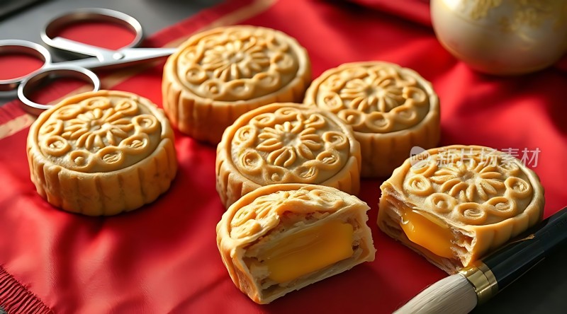 金黄月饼配红布诱人美味尽在其中！