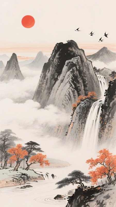 中式山水日出风景图